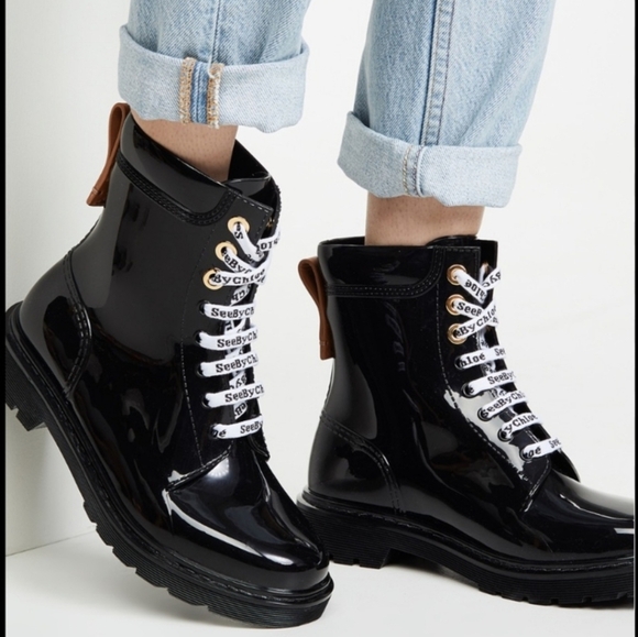 See by Chloé Florrie Black Lace-Up Rain Boots Sz 7.5 - Picture 1 of 12